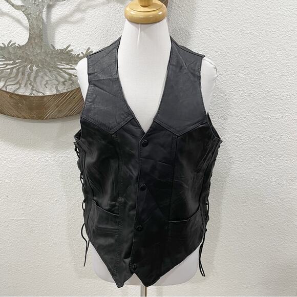 Vintage Hyde Out Genuine Leather Western Motorcycle Vest Lace Up Sides Black 46
